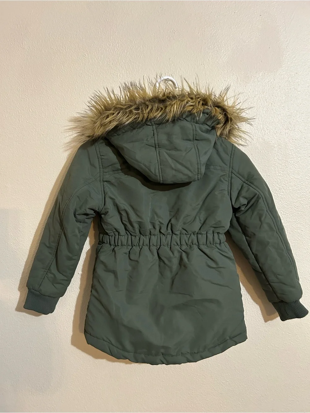 Justice Girls' Olive Green Winter Parka Coat Faux Fur Hood Size 5/6